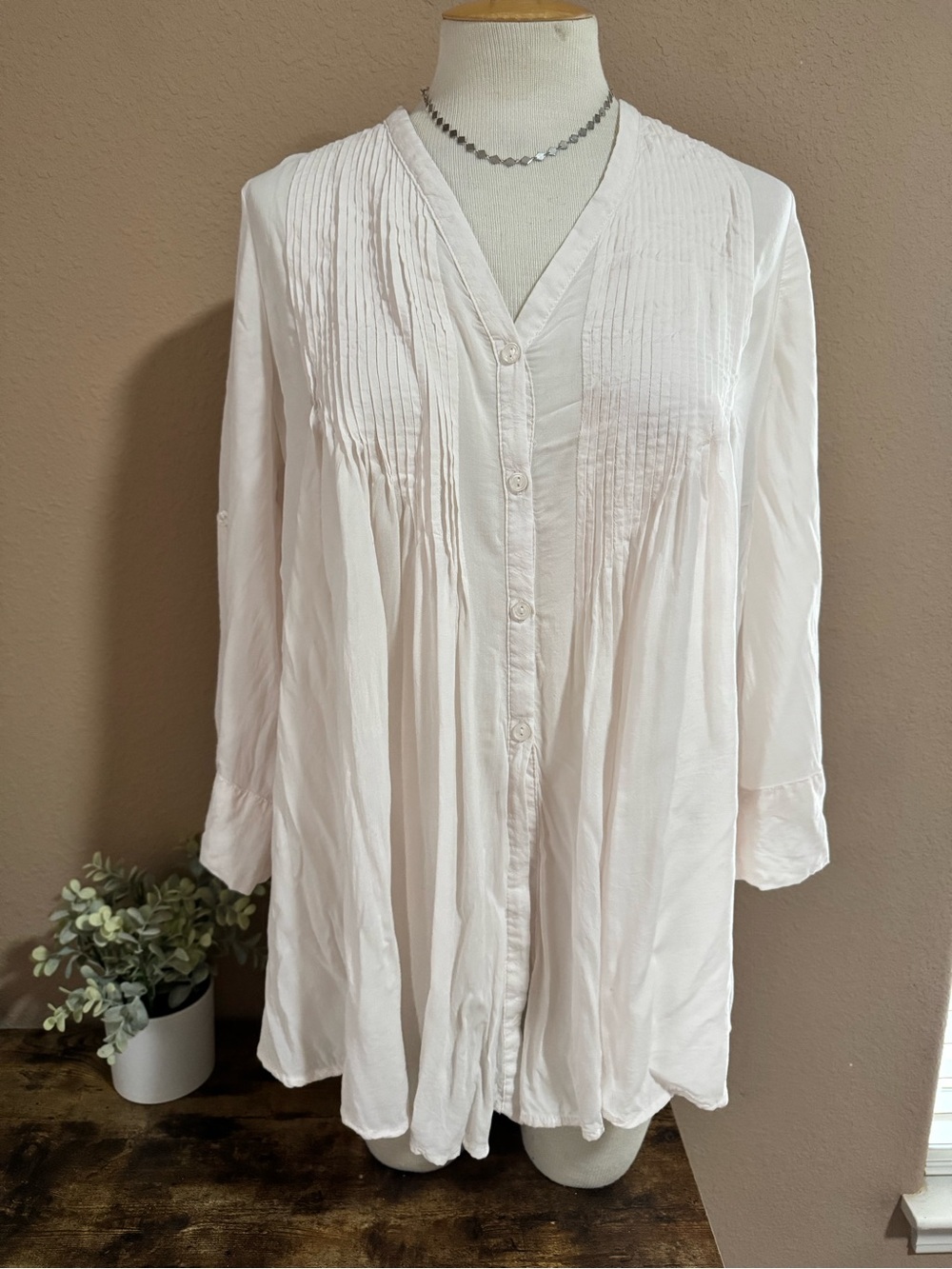 On The Road Blush Pink & Cream Button-Front Pintuck Tunic